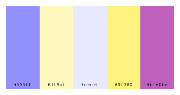 ColPaletteBot's tweet photo. Beep beep, here's a pretty color palette for you!
color-scheme.js parameters used:
- hue: 106
- variation: light
- colors: #9390ff, #fff9bf, #e9e9ff, #fff380, #bf60bd
Have a lovely day!
#twitterbot #colorpalette #colors #palette #prettycolors https://t.co/2RjvSEZgZO