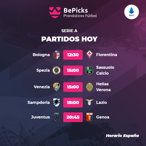 BePicks_Es's tweet photo. #Domingo cargado en la #SerieA. Os dejamos los #horarios de hoy 🏆🔥!
#BolognaFiorentina
#SpeziaSassuolo
#VeneziaHellasVerona
#SampdoriaLazio
#JuveGeona
Deja tu pick y compite con jugadores de todo el mundo por grandes #premios 
https://t.co/IdhwebBvk4 https://t.co/778Tss60gA