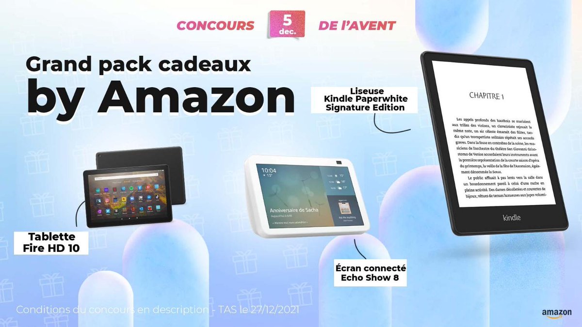 Frandroid's tweet photo. CONCOURS JOUR 5 🥳

Gagnez un lot Amazon avec une tablette Fire HD 10, un Echo Show 8 et une liseuse Kindle Paperwhite Signature Edition 🤯

Pour participer :
1️⃣ Tweet #FrandroidOffreMoi le pack Amazon
2️⃣ RT + Like
3️⃣ Follow @Frandroid + @AmazonNewsFR

TAS 27/12 🎉 https://t.co/y65SBUVNLv