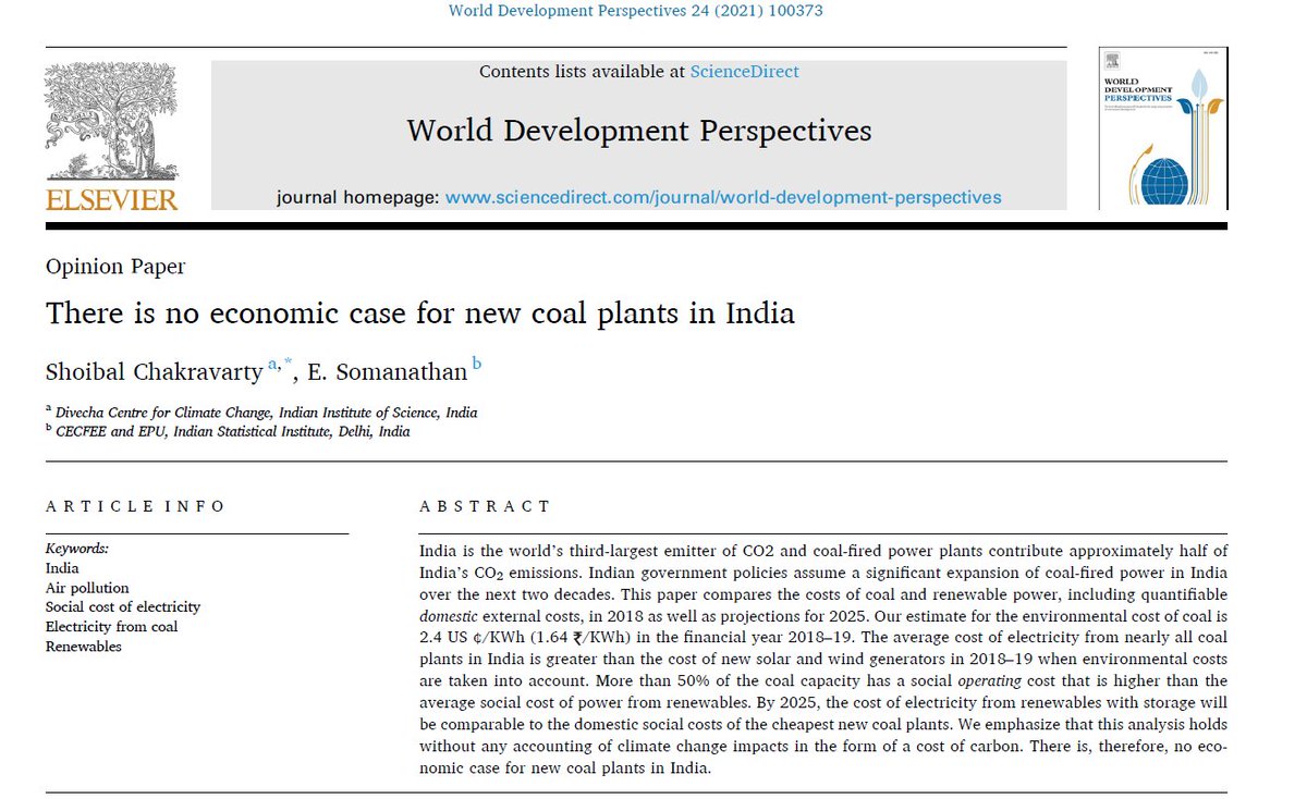 Here's the first paper in our WDP-special issue on 'The Future of Coal in the Global South': There's no economic case for new coal plants in India, by <a href="/spacem0nk3y/">Shoibal Chakravarty</a> &amp; E Somanathan. Stay tuned for more pieces by leading experts! #WDPCoal <a href="/DivechaFor/">Divecha Centre for Climate Change,IISC</a> <a href="/cecfee/">cecfee</a> bit.ly/3HFuYHF