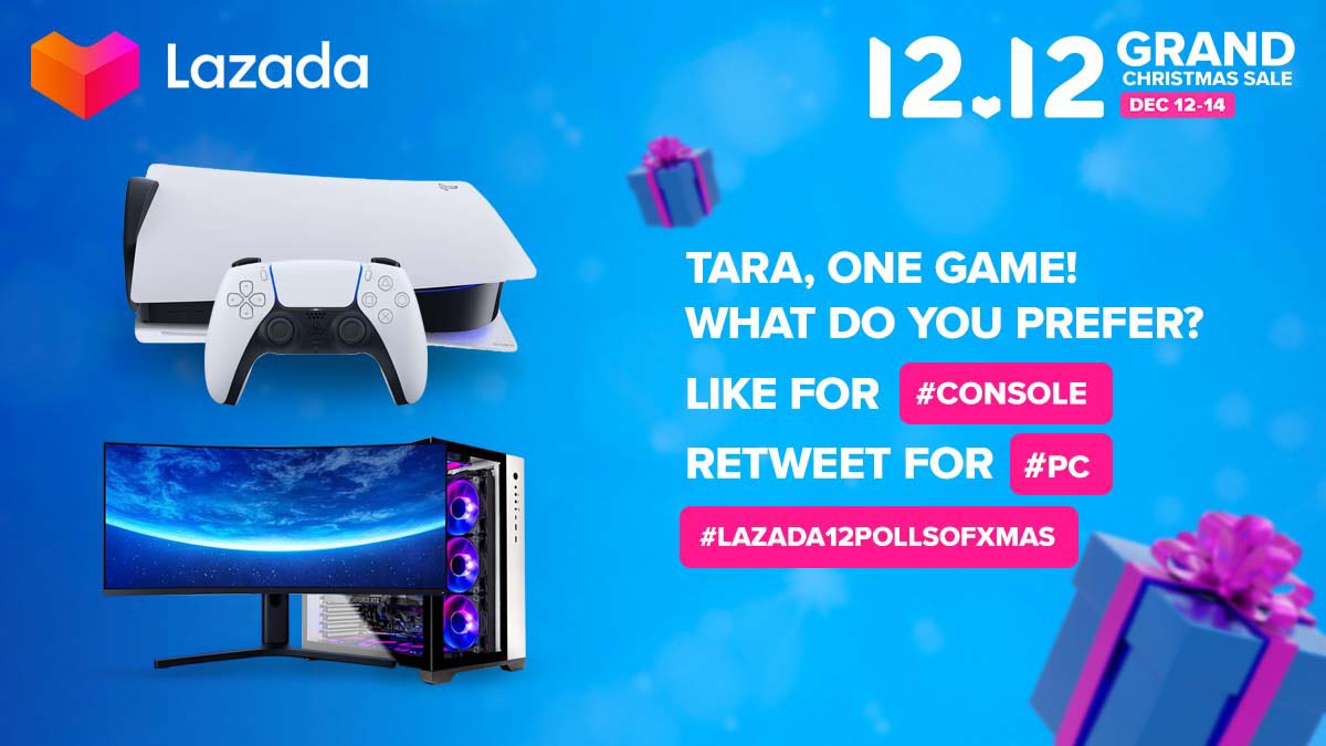 LazadaPH's tweet photo. Day 4 - 12 Polls of Christmas
Chicken dinner sa Noche Buena, G? LIKE this tweet if you play on a #Console or RT if you’re a solid #PC gamer — don’t forget to put #Lazada12PollsofXmas!
#LazadaPH1212
#Lazada1212GrandChristmasSale
#NamamaskoSaLazada #LazadaPH https://t.co/eNvlmNjEIR
