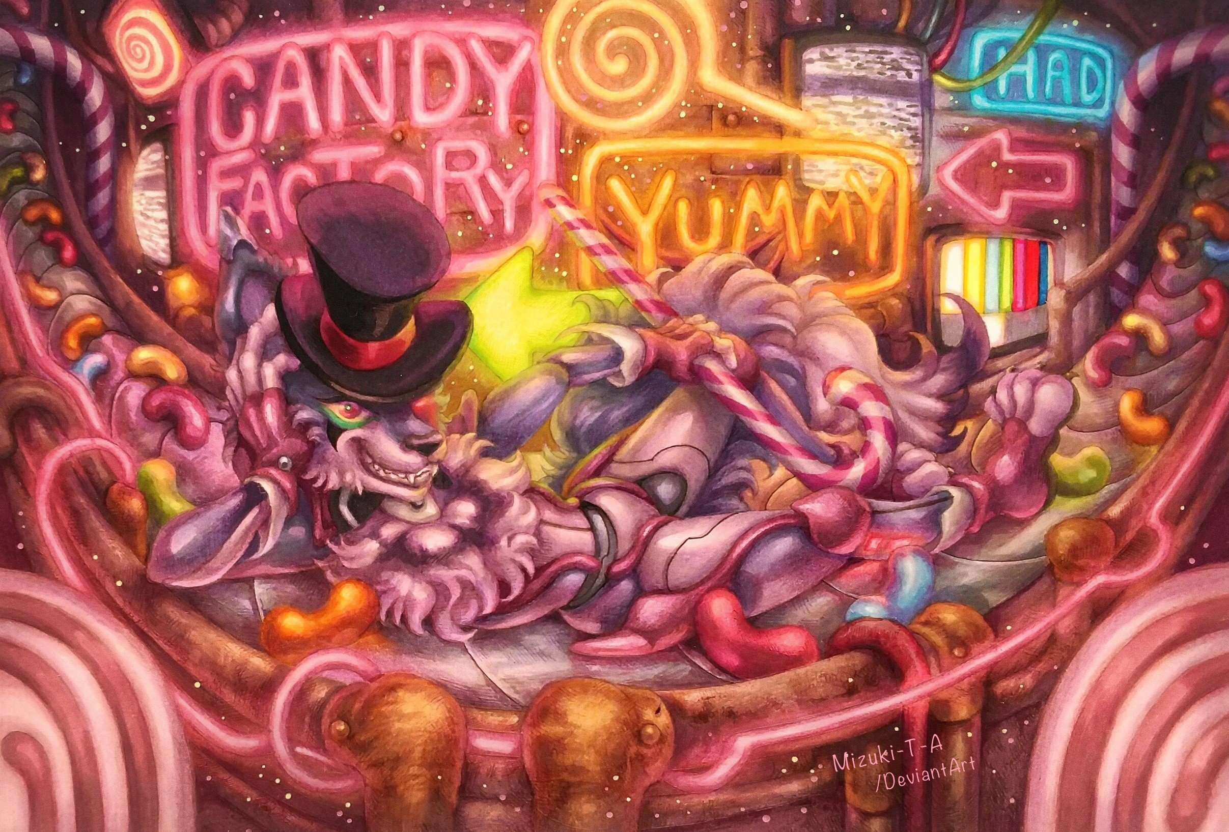 Mizuki T A Traditional Art Of My Oc Don T Use My Art Without Permission Traditionalart Illustration Drawing Handdrawn Character Furry Anthro Wolf Candy Sweets Factory Neon アナログイラスト 手描き 絵 イラスト
