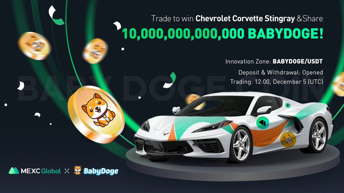 📈MEXC will list #BABYDOGE <a href="/BabyDogeCoin/">Baby Doge</a> in the Innovation Zone under BABYDOGE/USDT trading pair at 12:00 Dec 5 (UTC)

🏆Be the Top 10 Traders to win #Chevrolet Corvette Stingray and Share 10 Trillion #BABYDOGE

Details: bit.ly/3dnp28k

#BabyDogeCoin #MEXCGlobal