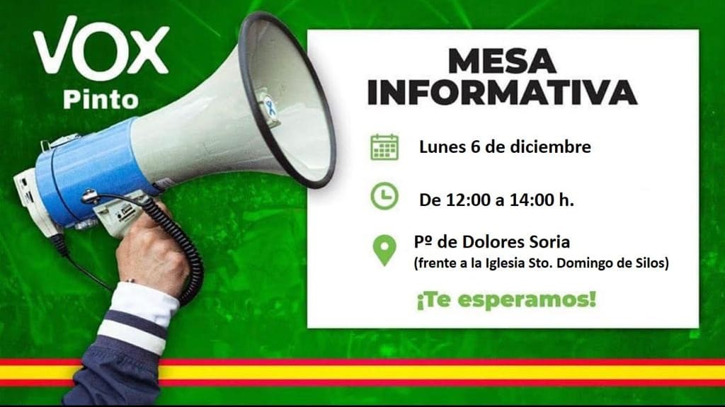 VOX_Pinto1's tweet photo. 🗓Mañana lunes 6 de diciembre os esperamos a todos en nuestra mesa informativa. Acércate a conocer nuestras propuestas y consigue tu #AgendaEspaña 🇪🇸. 

Además también podréis adquirir nuestras papeletas para la Lotería de #Navidad 🎄

¡OS ESPERAMOS! https://t.co/LgFvlR3JD1