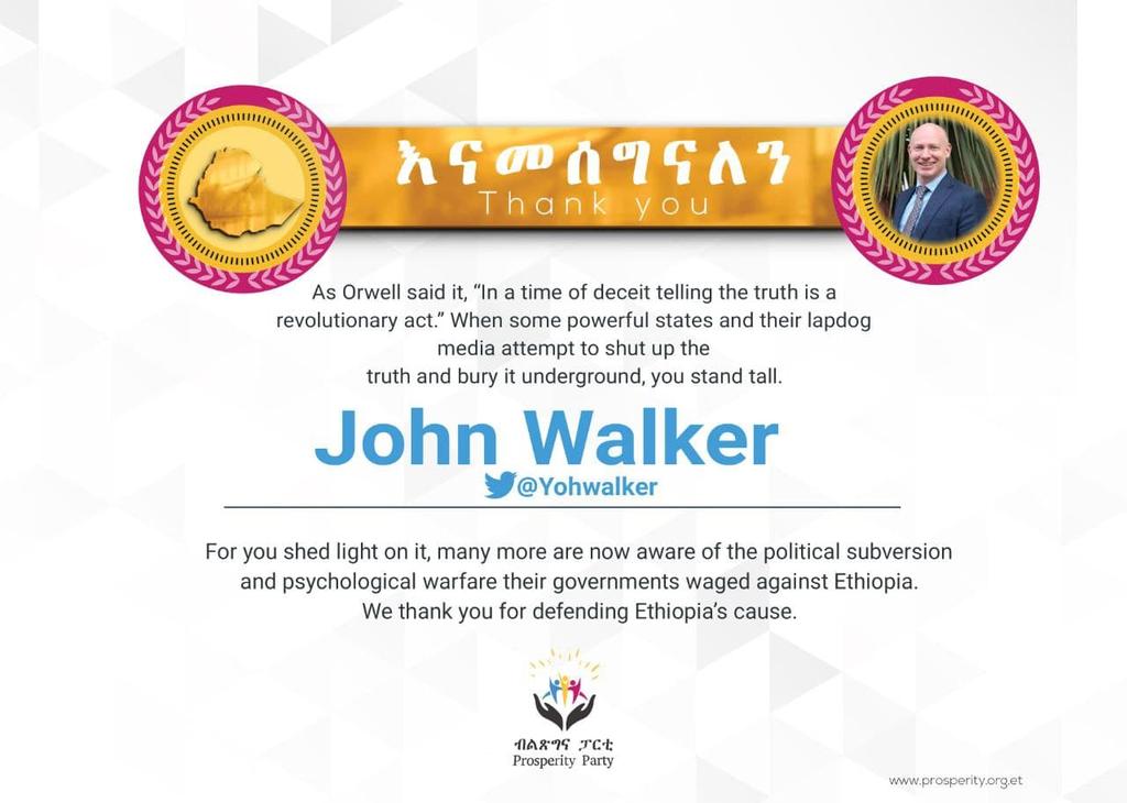 YohWalker's tweet photo. It was something I did not expect.  I have been threatened and reprimanded so far for standing up for the truth, and so has blasphemy.  But I did not expect to receive such a compliment.  I honored you for honoring me.  Africa will be united and Ethiopia will win #NoMore https://t.co/UMPixjjkV9