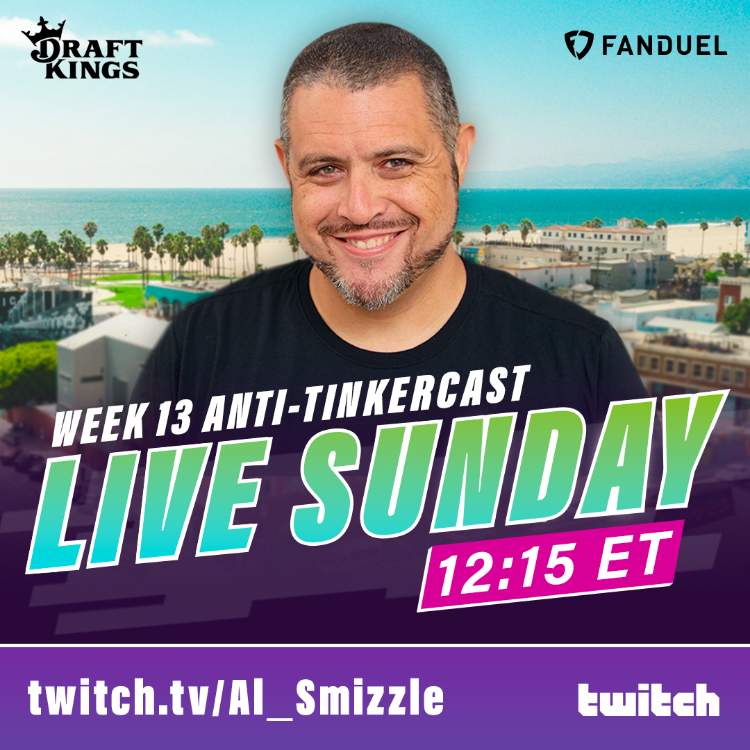 AlZeidenfeld's tweet photo. I'll be live in about 15 minutes at https://t.co/Eclr4A7fyM taking DFS questions until kickoff.
Jump in, drop a follow, & join the #SmizzGang. https://t.co/KGTOzeS2Pg