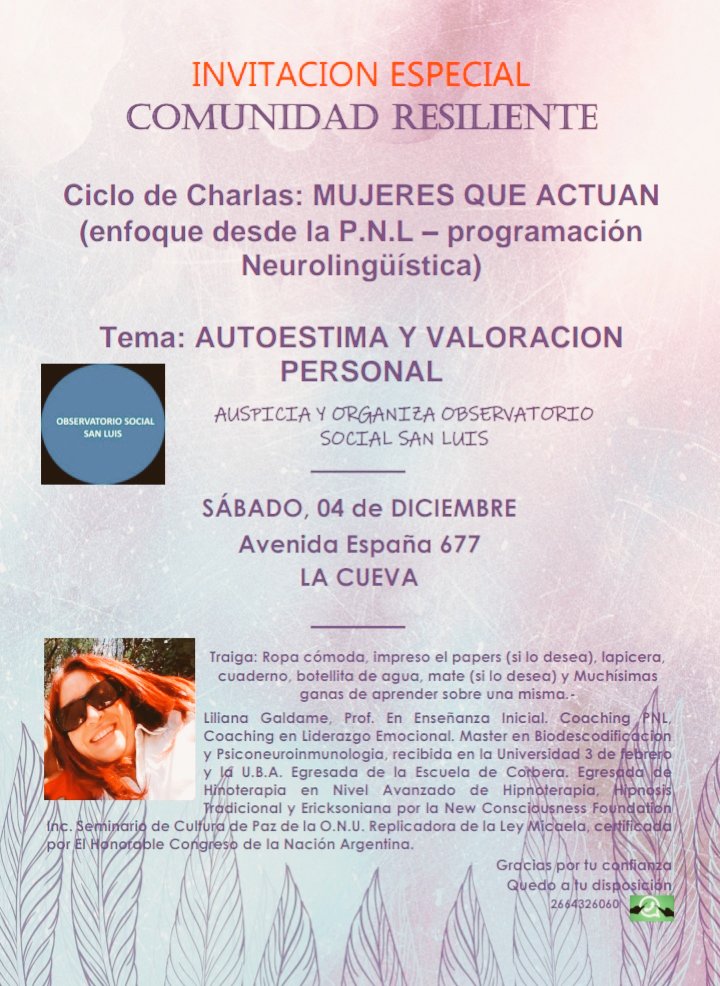 Este sábado 4 de diciembre pudimos compartir junto a Mujeres de nuestra Ciudad la 1° charla del Ciclo "Mujeres que actuan", en el marco del Programa por el Desarrollo Personal y Social, motivación para el cambio, organizado por el Observatorio Social San Luis.
#mujeresqueactuan