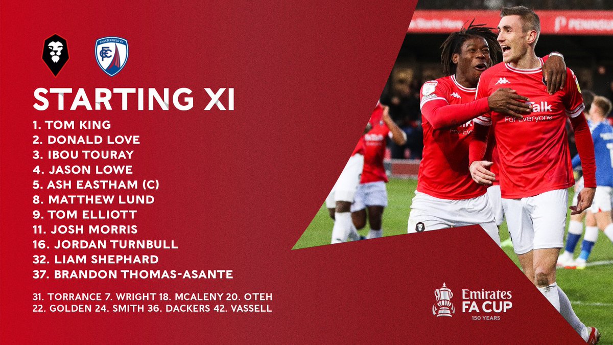 STARTING XI 📋

Here are your Ammies to face Chesterfield in the <a href="/EmiratesFACup/">Emirates FA Cup</a> this afternoon!

♦️ Unchanged from last weekend
♦️ Joel Torrance on the bench (Jeacock ineligible)
♦️ Ndaba, Mellor and Henderson still injured

#WeAreSalford 🦁🔴