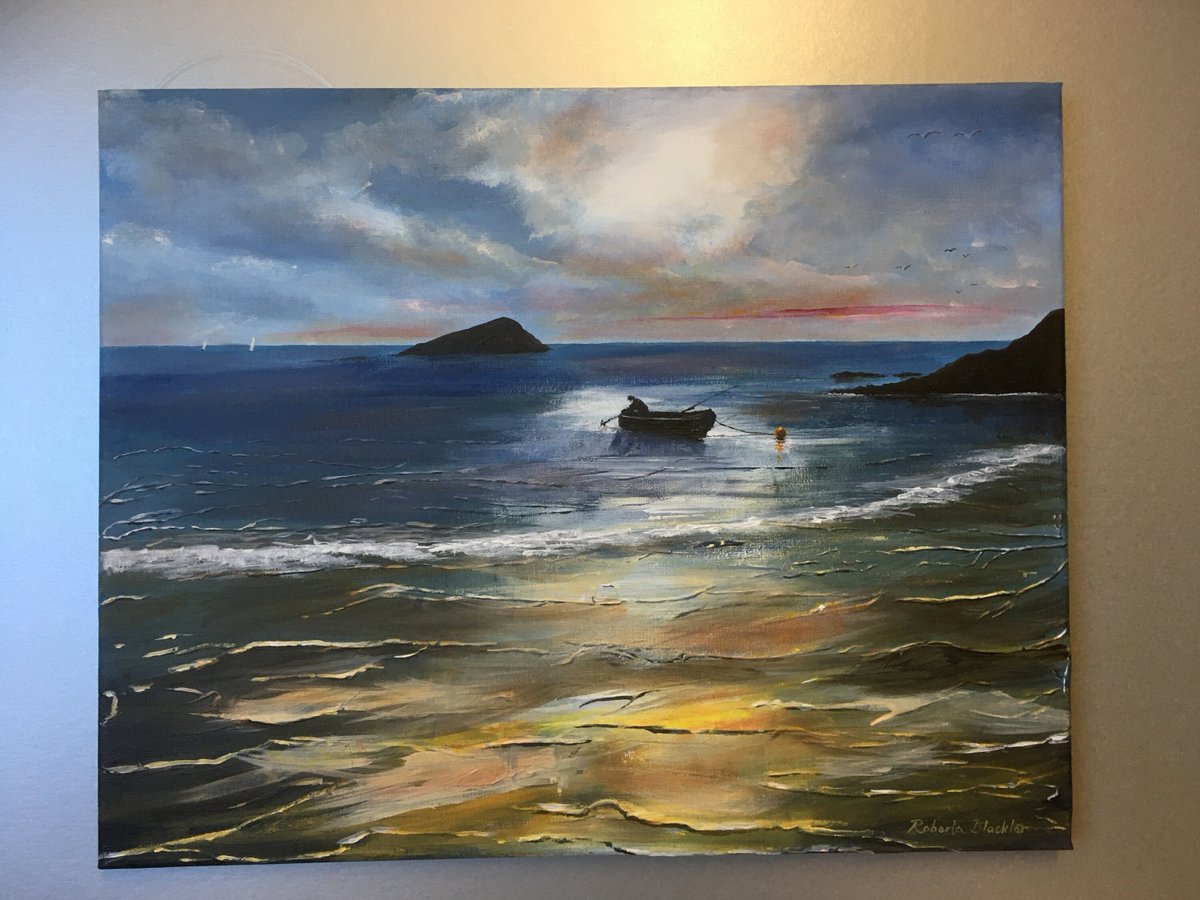 RobertaBlackler's tweet photo. Excited to share the latest addition to my #etsy shop: Original acrylic seascape canvas 50 x 40cm textured sunset over fisheman packing up for the day. The setting is Wembury on the Devon coast. https://t.co/FCOHQYXeem #paintings #giftforhim #giftforher #devonseascapes https://t.co/Nb5kzAhFVN