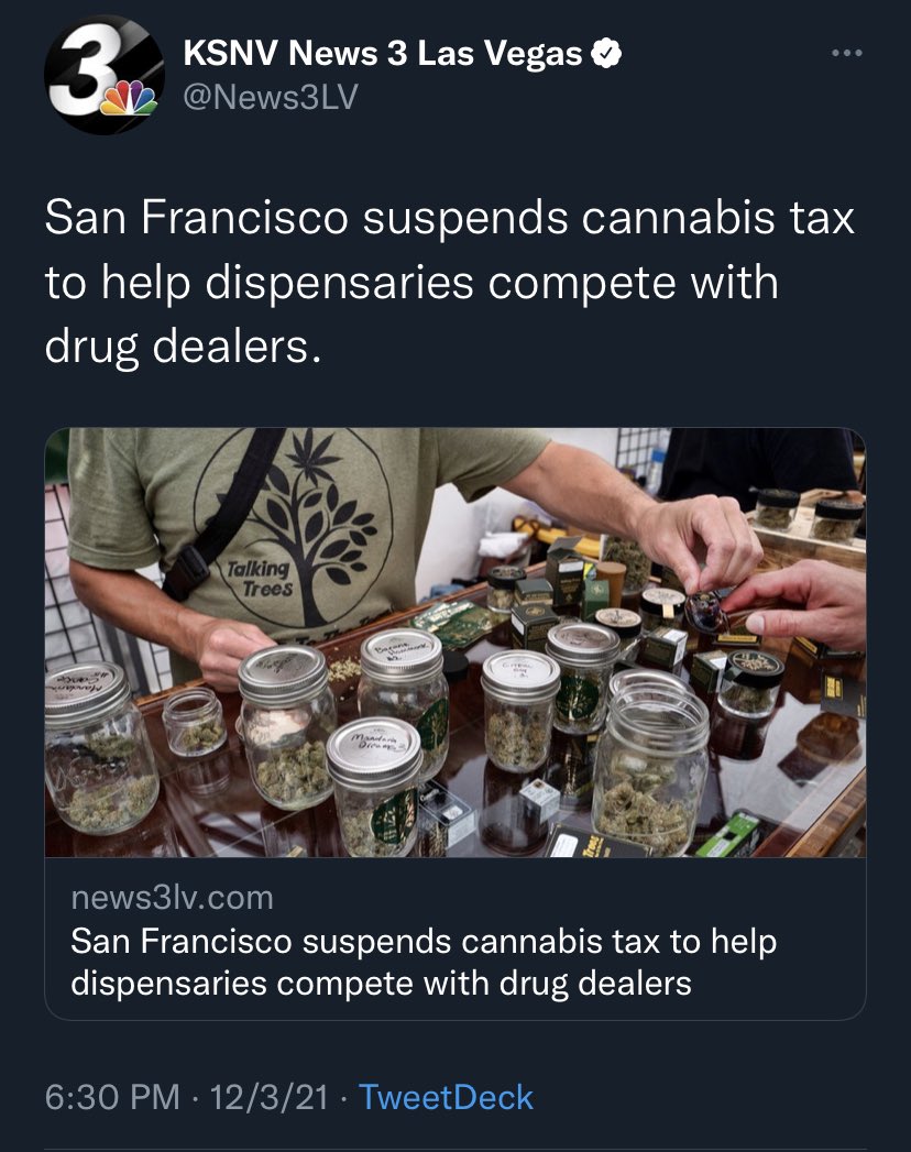 TheLaurenChen's tweet photo. This is one of the most San Francisco headlines I've ever seen

Legal weed that is so heavily taxed people still choose to buy from the city's many drug dealers https://t.co/fC8Fx38Rbd