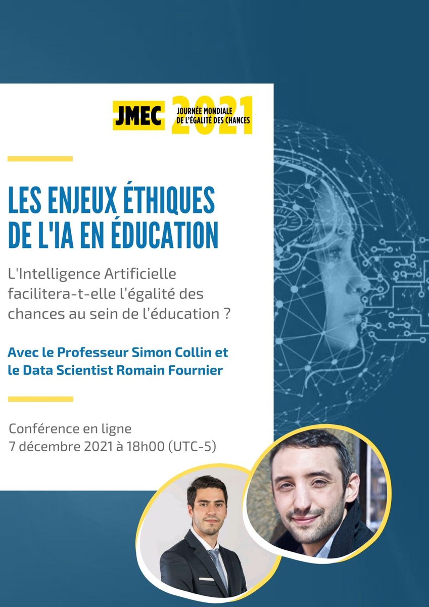L'intelligence artificielle facilitera-t-elle l'égalité des chances au sein de l'éducation ?

Notre data scientist Romain Fournier sera au côté du professeur @SCollin_UQUAM le 7 décembre pour y répondre. 

👉Inscription ici : docs.google.com/forms/d/e/1FAI…

#JMEC #egalitedeschances #IA