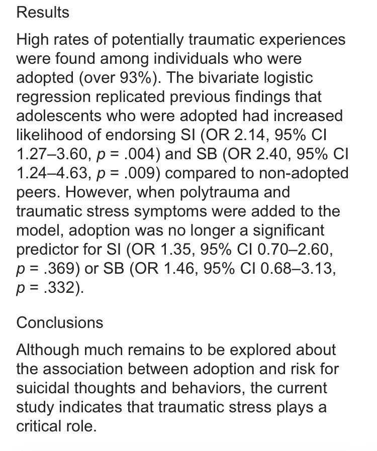 Crazy week to be an #adoptee. 

As a biologist who works on climate, I thought I knew how denial works. Adoption takes it to a whole new shoot-the-(ungrateful)-messenger level.

Here on out I’m just tweeting this at assholes putting trauma in quote marks.

scholar.google.com/scholar?q=adop…