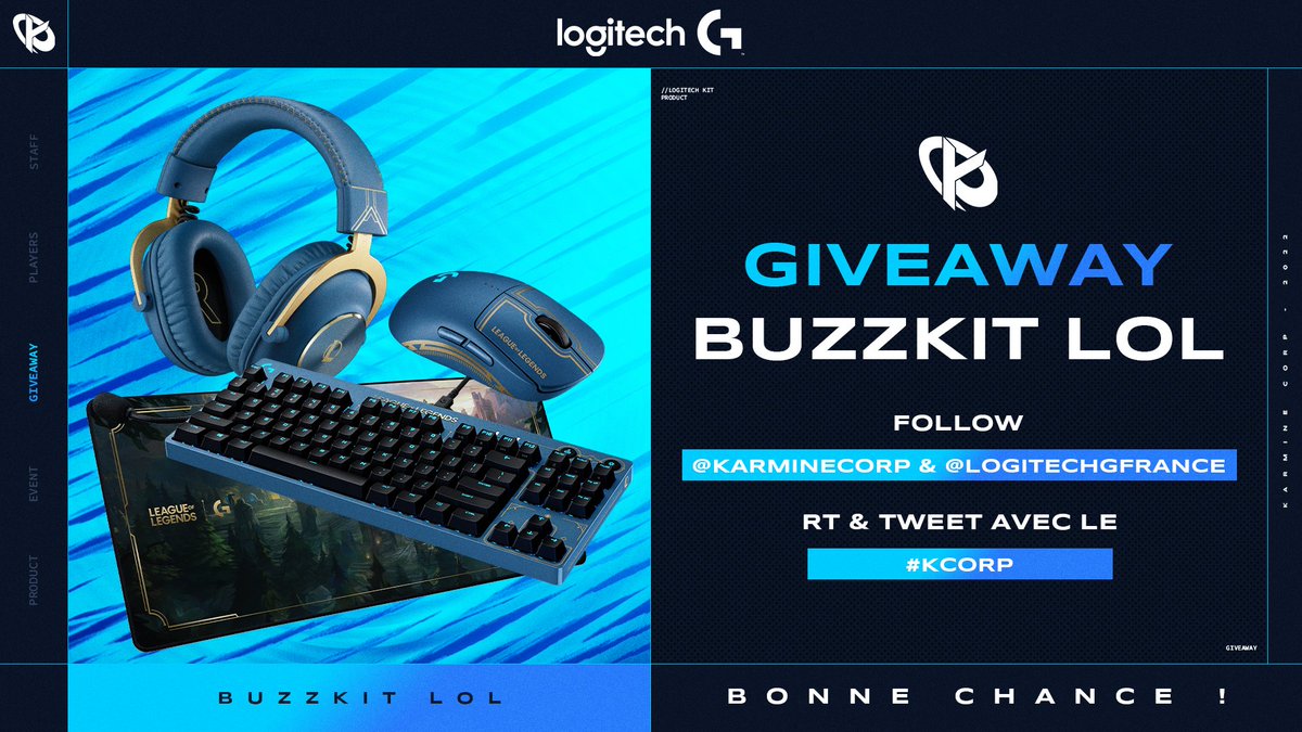 Aujourd'hui l'équipe on vous fait gagner un pack Buzzkit League of Legends grâce à notre partenaire <a href="/LogitechGFrance/">Logitech G France</a> ! 🙌🏻

Pour participer :

✅ RT ce tweet
✅ Follow <a href="/KarmineCorp/">Karmine Corp</a> &amp; <a href="/LogitechGFrance/">Logitech G France</a> 
✅ Poster un tweet avec le #KCORP 

🍀 Tirage au sort le 12/12