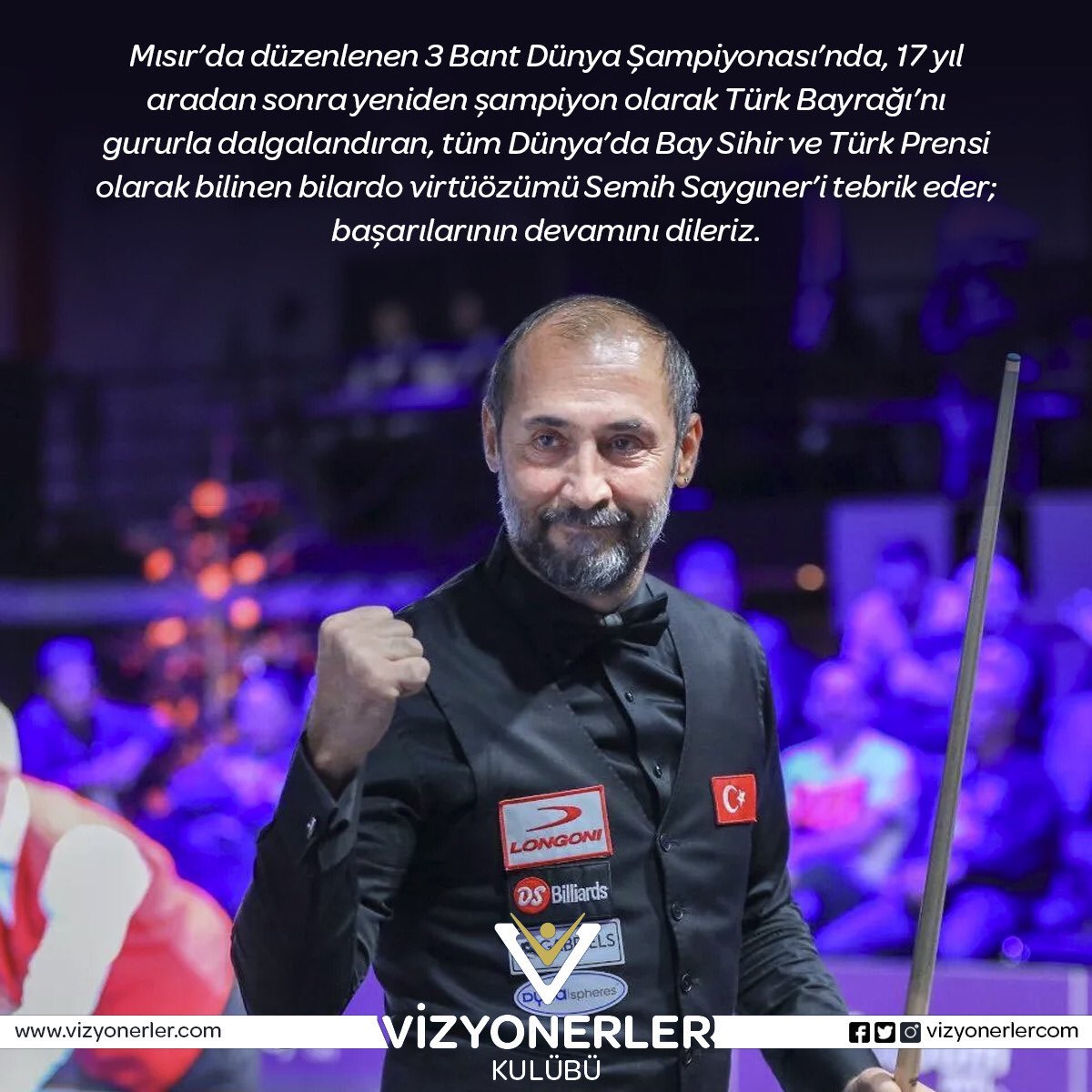 vizyonerlercom's tweet photo. Mısır’da düzenlenen 3 Bant Dünya Şampiyonası’nda, 17 yıl aradan sonra yeniden şampiyon olarak Türk Bayrağı’nı gururla dalgalandıran, tüm Dünya’da Bay Sihir ve Türk Prensi olarak bilinen bilardo virtüözümü #SemihSaygıner’i tebrik eder; başarılarının devamını dileriz. https://t.co/5easeT7PgU