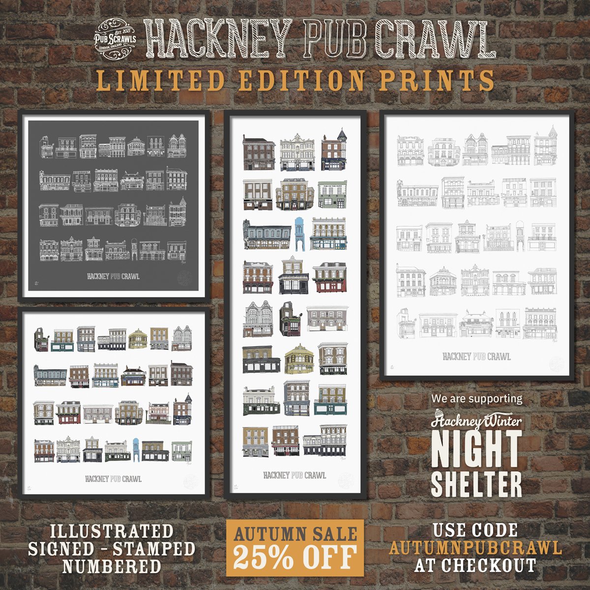 🍁 Autumn sale! 🍂

#Hackney #PubCrawl, a beautifully #illustrated #limitededition #print collection featuring the London borough’s favourite pubs.

Available at a special 25% discount for a limited time only at pubscrawls.com. Use code AUTUMNPUBCRAWL at checkout.