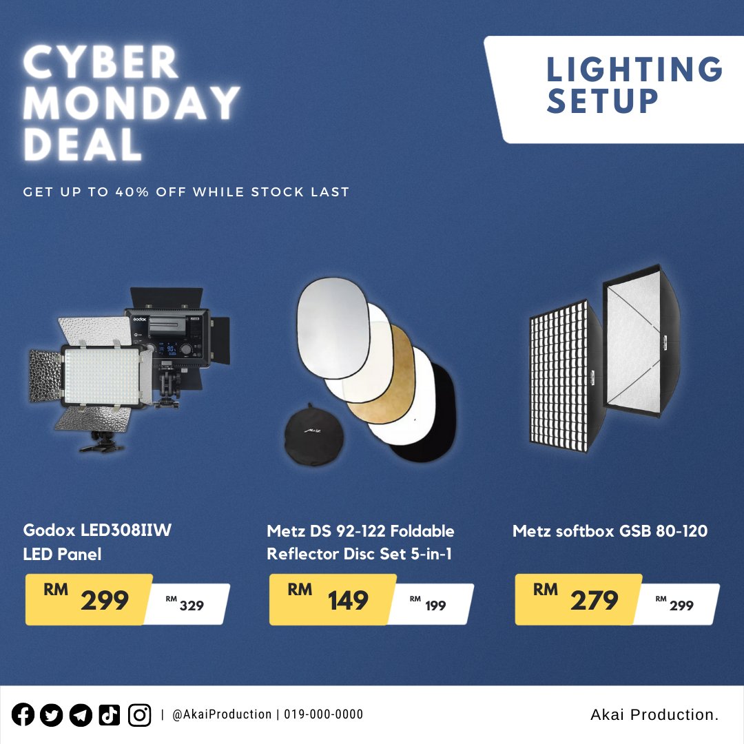 AkaiProduction's tweet photo. Catch up on our latest Cyber Monday deals for your new equipment!

Save up to 40% on lighting setup, reflector disc, softbox and more from our wide selection of products. https://t.co/tfO1K7jdCd