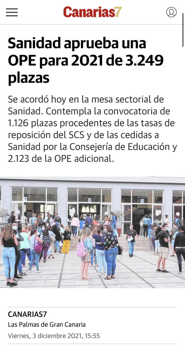 2000 médicos y facultativos de los hospitales de #Canarias en abuso de temporalidad y la noticia es que el SCS aprueba la OPE 2021 con sólo 270 plazas para médicos y especialistas hospitalarios.