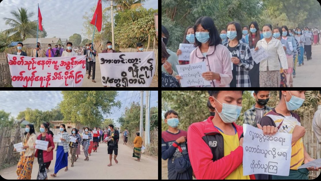Anti-Coup Protestors at Ayadaw marching in unison, unrelentingly even though suppressed by Terrorists.  #HelpMyanmarIDPs #Dec5Coup #WhatsHappeningInMyanmar