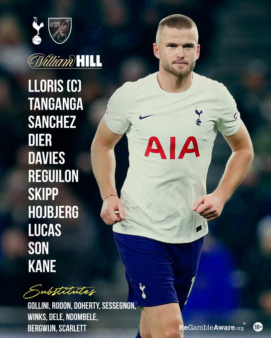 Lloris ©, Tanganga, Sanchez, Dier, Davies, Reguilon, Skipp, Hojbjerg, Lucas, Son, Kane.