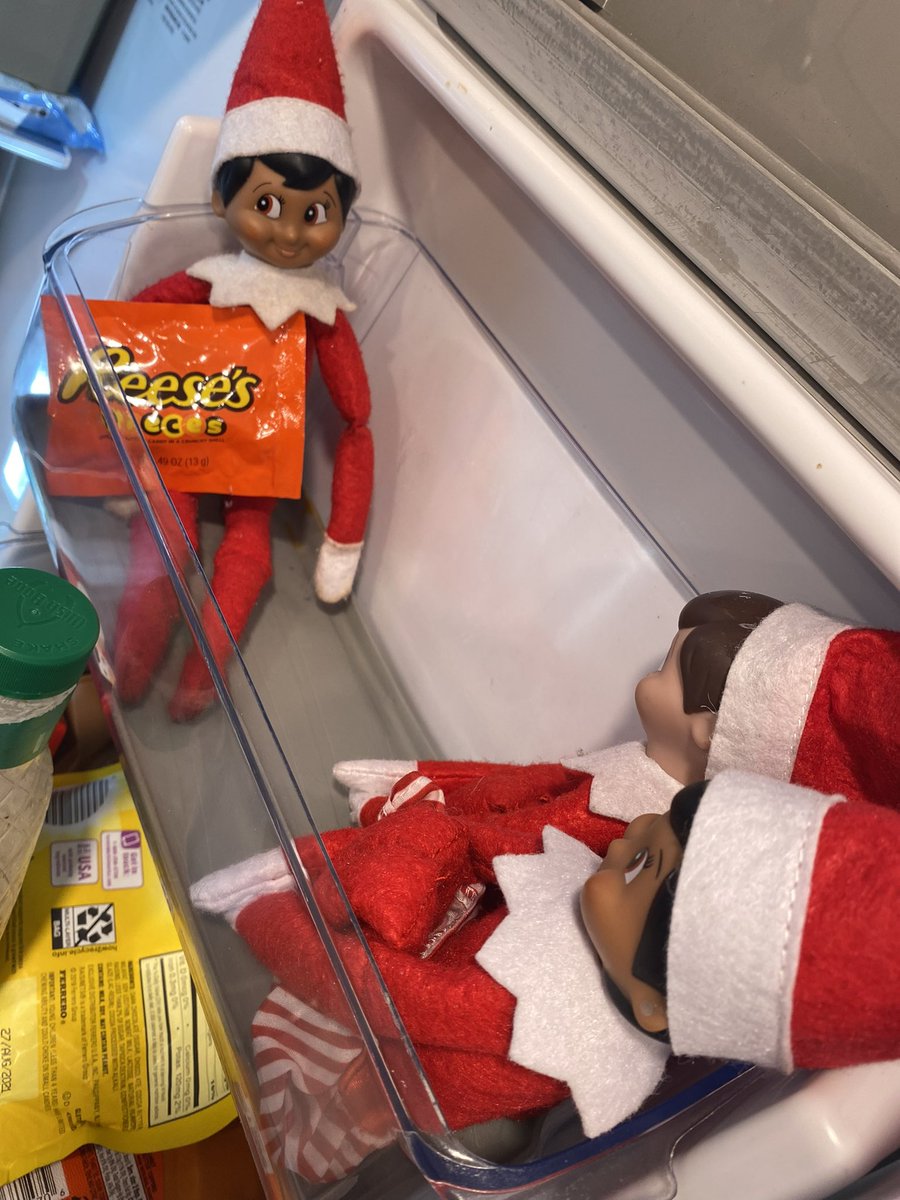 SymaChowdhry's tweet photo. Forgot to add yesterday’s #elfontheshelf fun!

Caught them in the fridge with Marco teaching Aiden &amp; Bella about leftover Halloween candy! #marcoelf #aidenelf #bellaelf #BAMelves https://t.co/dAIYVAscPf