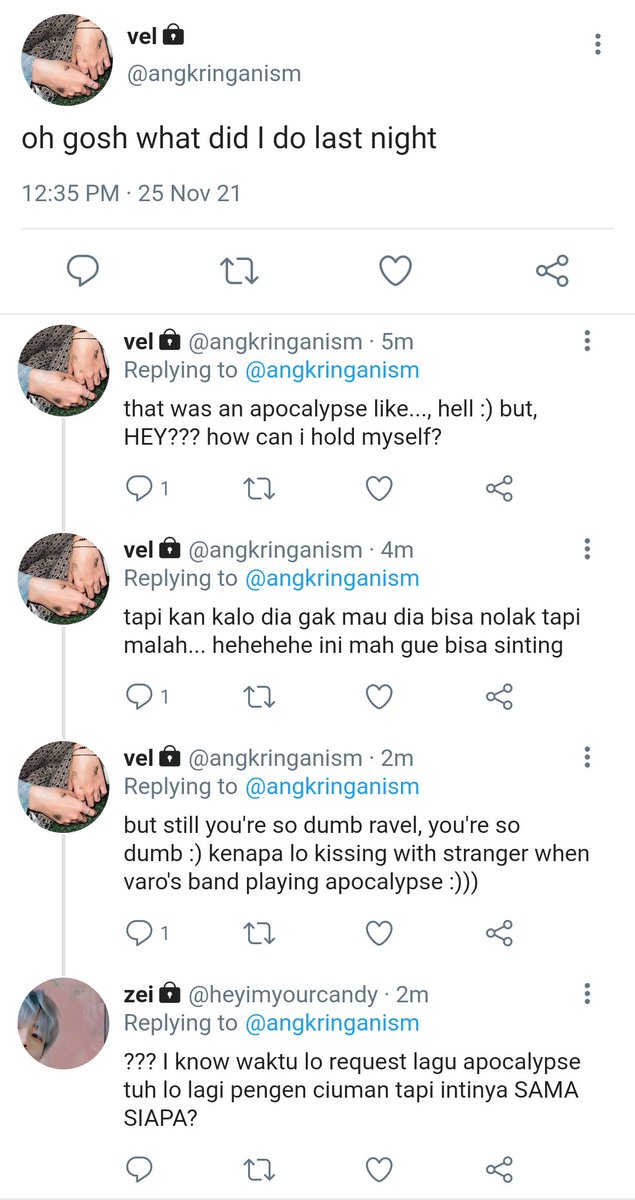 svveetyrh's tweet photo. — hyuckren / renhyuck lokal au.

Bagaimana mungkin orang yang Ravel hindari akibat kesalahan bodoh yang ia lakukan malah berujung menjadi partnernya dalam bermain peran? Bagi Ravel itu kiamat, namun bagi Gatra, itu anugerah. 

apocalypse —
©svveetyrh https://t.co/7MSYF4S3tF