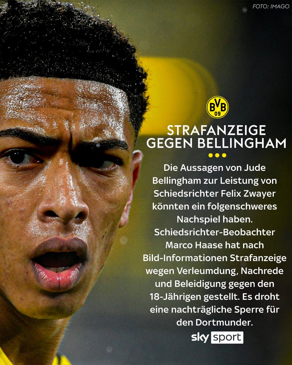 SkySportDE's tweet photo. Strafanzeige gegen Jude Bellingham! 🤯

"Du gibst einem Schiedsrichter, der schon vorher mal Spiele geschoben hat, das größte Spiel in Deutschland. Was erwartest du?", polterte Dortmunds Jung-Star Jude Bellingham nach dem Klassiker am Mikrofon von Viaplay.

#SkySport https://t.co/Qx5h26eV9x