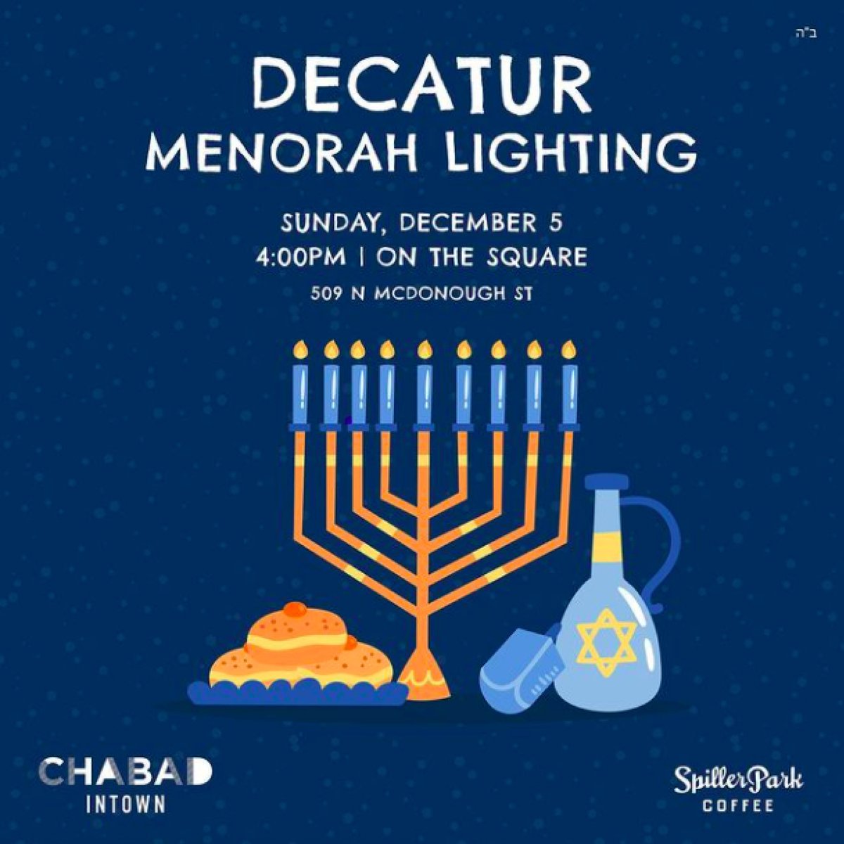 TONIGHT! Join in the Chanukah celebration on the square for the annual menorah lighting at 4 p.m. Enjoy hot drinks, latkes,  doughnuts, music, crafts for kids and photos with Mr. Dreidel! 🕎  

#holidaysindecaturga #decaturga