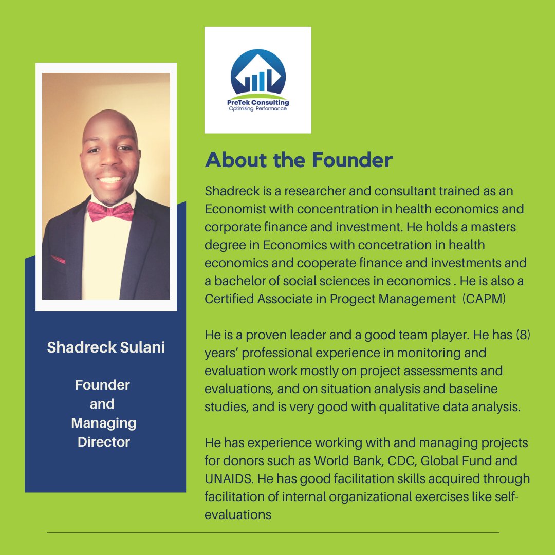 gdcmalawi's tweet photo. Startups, the future of Malawi📈
PreTek Consultancy Services is consulting firm specialising in social research, program and project design and evaluation in the health and social sectors.
View our recent business profile design for PreTek.
#consulting #pretek #gdcmalawi https://t.co/AAUgLEuAkN