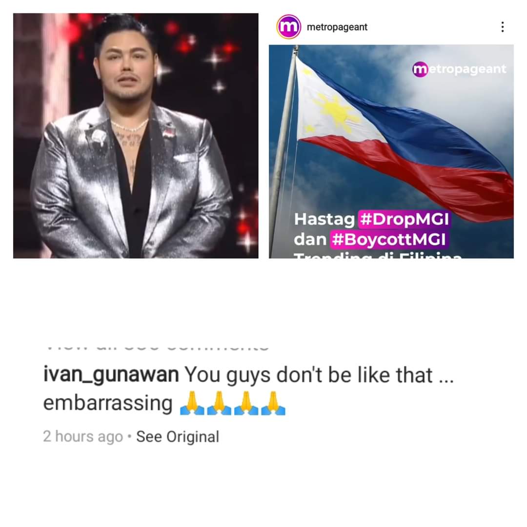 PageantPH's tweet photo. Miss Grand Indonesia National Director Ivan Gunawan tinawag na "EMBARRASSING" ang ginawang panawagan ng mga Pinoy sa BBP na
#DropMGI https://t.co/QZjmw9cKwE
