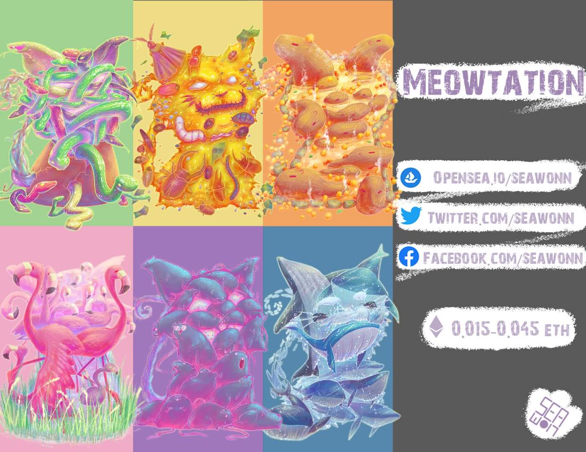💥 NEW DROP 💥
WILD LIFE SET
"Meowtation" add more 6 mutation Wild life cats

Snake 😻
Insects 😸
Capybara😼
Flamingo😽
Mouse🙀
Whale😾

O.015-0.045 ETH

opensea.io/seawonn

#Meowtation 
#NFTs #NFTTHAILAND #NFTCommmunity #nftcollectors #NFTdrop #NFTartist #NFTJapan #nftart