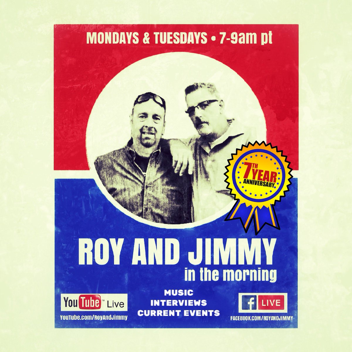 RoyJimmyThing's tweet photo. Tomorrow morning LIVE!!! Start your day with us! #InternetRadio #TalkRadio #tRJt #standup #comics #MorningRadio #LiveRadio #LivePodcast #RoyAndJimmy #YouTubeLive #FacebookLive @Roy_Brewster @JimmyShawComic https://t.co/5L7Pf2fZEC