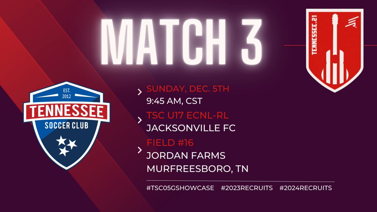 TSC0405ECNLRL's tweet photo. #ECNLTN
🗓️Sunday, Dec. 5th
⚽️Jacksonville FC
🕒9:45AM, CST
🏟️Field #16
📍Jordan Farms
1233 Cherry Ln Drive
Murfreesboro, TN
#TSC05GShowcase #DevelopingExcellence #leadersplayhere #2023Recruits #2024Recruits https://t.co/1PeJ4QWcud