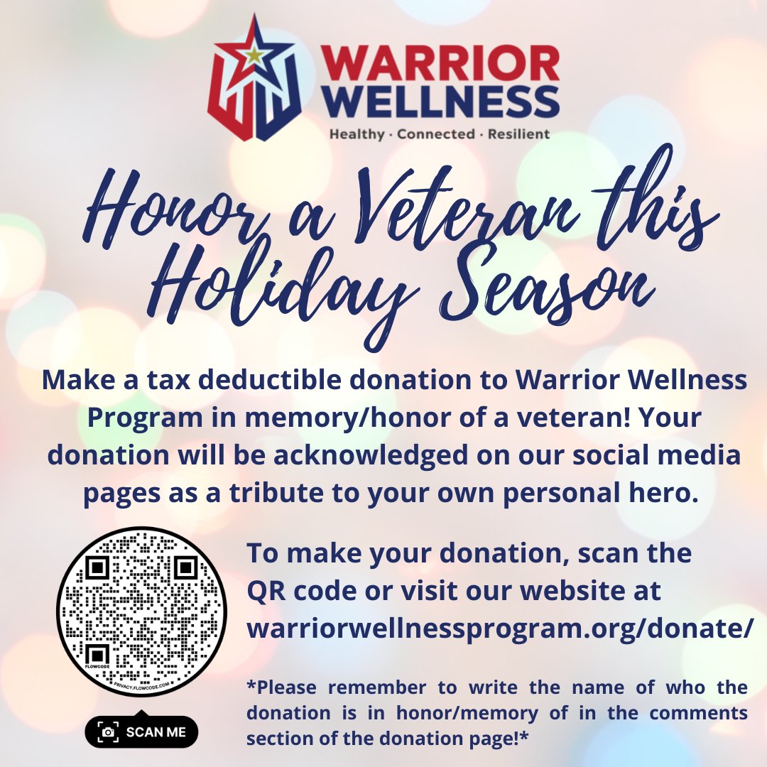 warrior_well's tweet photo. Honor a Veteran this Holiday Season! Make a tax deductible donation to Warrior Wellness Program in honor/memory of your loved one. Your donation will be acknowledged on all of our social media pages as a tribute to your own personal hero! #SupportLocal https://t.co/aFEtQOunSm