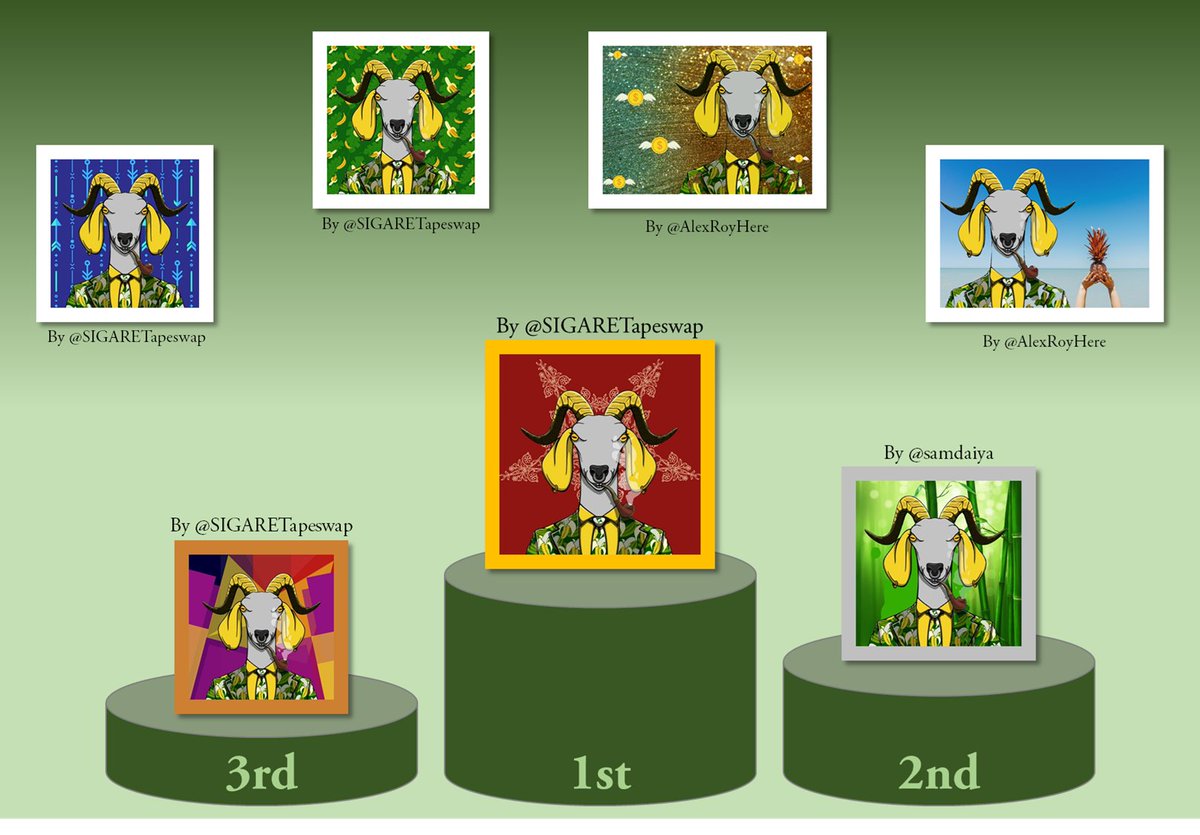zeinzukun's tweet photo. The winner of this contest is...
... @SIGARETapeswap!
I really like the choice of color and the decoration that forms the goat figure.
Thank you @samdaiya and @AlexRoyHere for participating.
Hope you enjoyed this contest.
#AlGoatsPFP https://t.co/GqIFPzuCUI