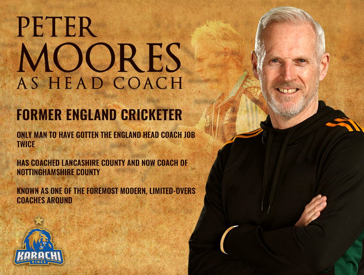 KarachiKingsARY's tweet photo. Let's welcome #PeterMoores as the Head Coach of Karachi Kings! 
The former England Head Coach will now be a part of #KingsFamily for the upcoming Season-7 of #HBLPSL

#KarachiKings #YehHaiKarachi 
@Salman_ARY @wasimakramlive @tariqwasi https://t.co/umuVOOFdFQ