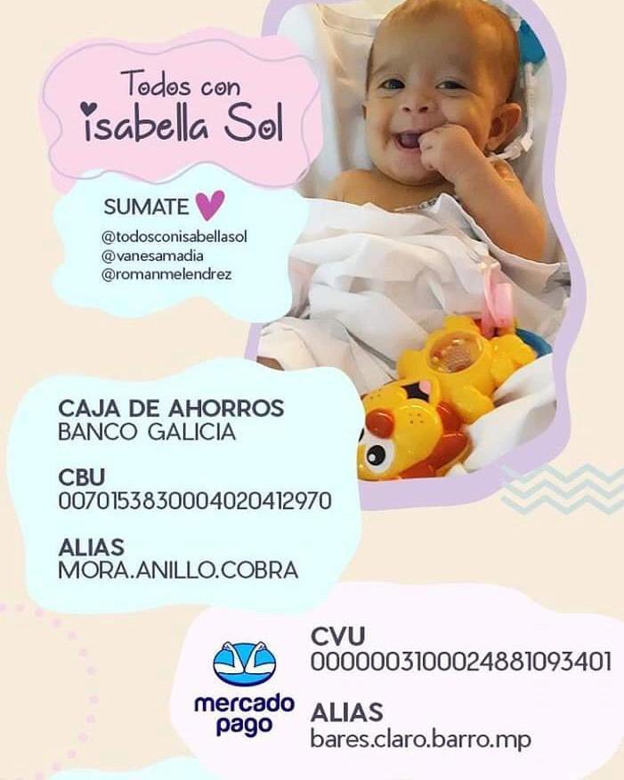 Desde agrupación PIT abrazamos a nuestrxs compañerxs Román y Vanesa.
*”Vola alto, Isabella Sol" *
❤️🙌🏻Compartimos las cuentas donde se puede colaborar para la despedida, muchas gracias.🌸CAJA AHORROBanco Galicia
…AMERCADOPAGOALIASbares.claro.barro.mp