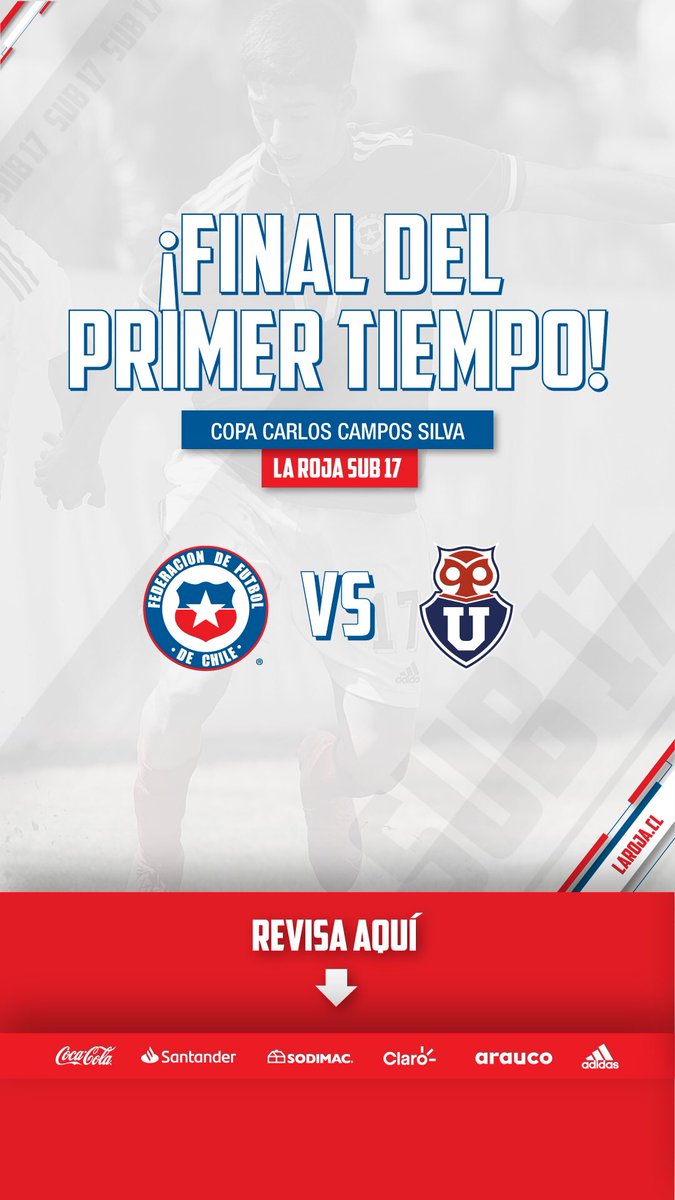 LaRoja's tweet photo. 🏟 ¡Finalizaron los primeros 40 minutos!
👏 #LaRojaSub17 🇨🇱 vence a @udechile 🔵🔴 por 2-0 en la definición del tercer lugar de la #CopaSub17 Carlos Campos Silva 🏆
📲💻 EN VIVO: https://t.co/PgF1GsDOni
#VamosLaRoja #VamosChile https://t.co/UVQg30yMn4