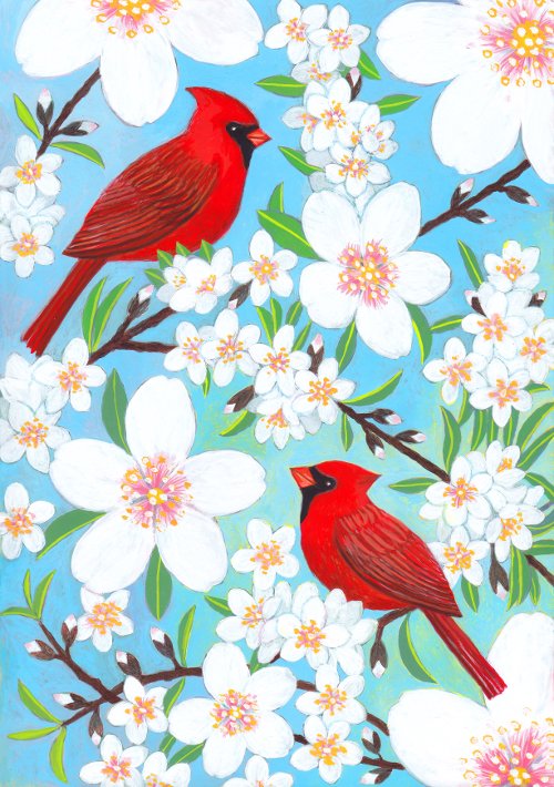 Wakako Tachibana 橘和香子 カーディナルとアーモンドの花 以前住んだイリノイ州のある街では 春にアーモンド の木々が一斉に花を咲かせ一気に冬を吹き飛ばしました 日本の桜を思わせる花々の隙間から赤い実の様なカーディナルの美しい鳴き声が聞こえる