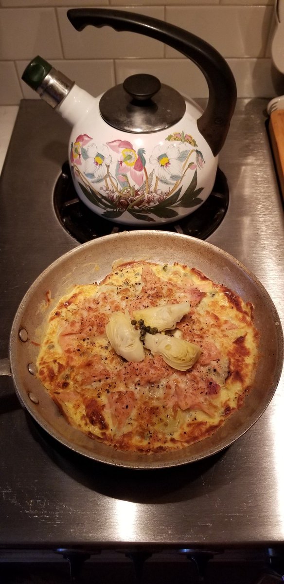 MaryJaneTrapp's tweet photo. Sunday Breakfast Frittata-Smoked Salmon, Artichoke Hearts, Capers, and Parmigiano Reggiano to finish it off under the broiler. I tried the new trend of whipping cottage cheese into the eggs, and it worked well. #parmigianoreggiano #protienbreakfast #whatyouhaveinthefridge https://t.co/oURt4I6HEB
