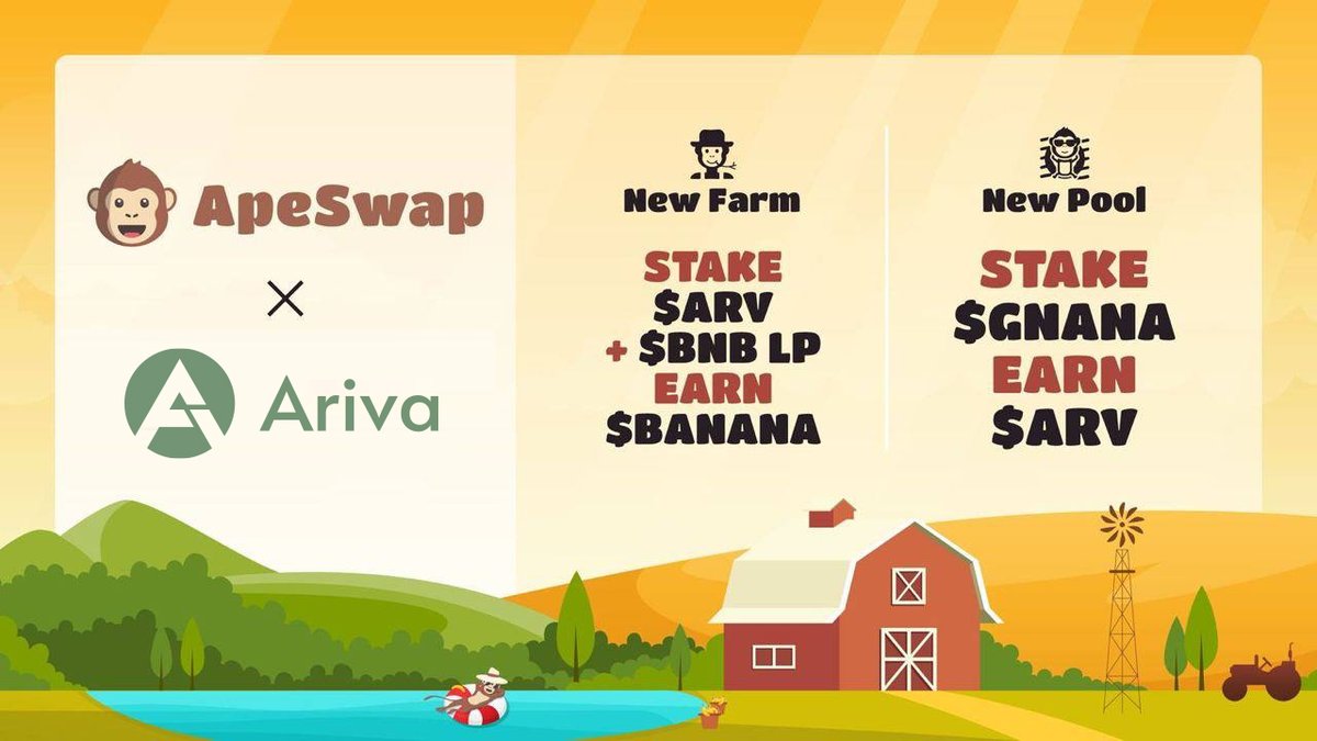 ArivaCoin's tweet photo. $ARV listed on #ApeSwap🐵
New farm and $GNANA pool live

🚜Farm :  Stake $ARV + $BNB LP Earn $BANANA 🍌
💰Pool : Stake $GNANA Earn $ARV ✈️

@ape_swap https://t.co/h01slXoF8Y