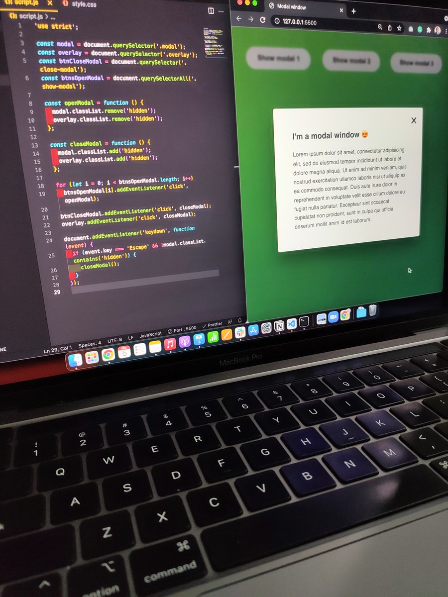 sumusiriwardana's tweet image. Day 76 &amp;amp; 77 of #100daysofcode 

🟦 Completed the modal window project from Jonas' JS course.
🟦 Learned about how to work with classes and handle an "Esc" keypress event. 
🟦 Completed the 5th JavaScrimptmas challenge by Scrimba