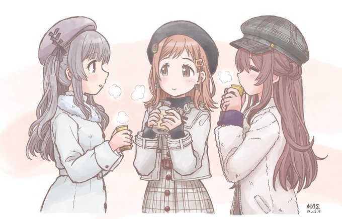 らくがきチームピーちゃん あったか～いやつ #櫻木真乃 #幽谷霧子 #大崎甜花 霧子が帽子かぶってきたので三人並べたらいいかなって 