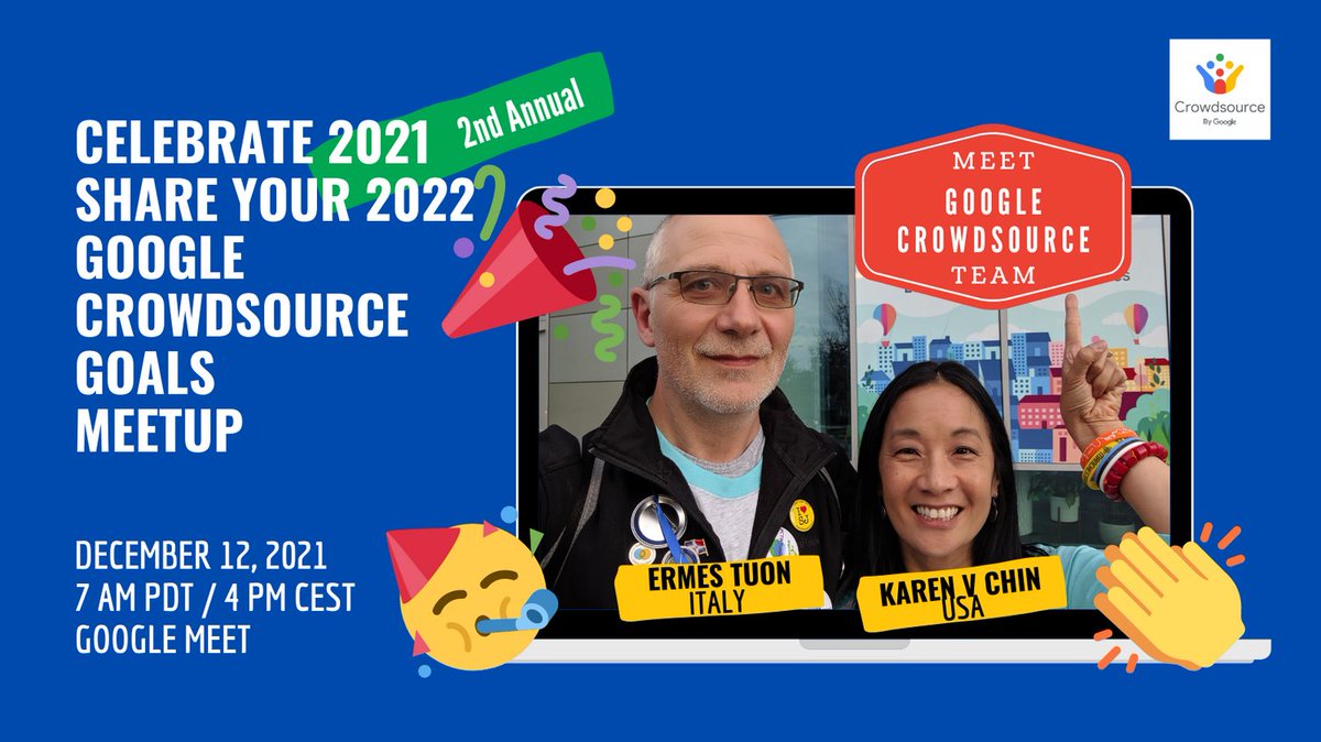 Celebrate 2021 Share Your 2022 #GoogleCrowdsource Goals Meetup

For the second year, USA and Italy Crowdsource Influencers <a href="/IAMKarenVChin/">Karen V Chin</a>  and I will interview members of the Google Crowdsource Team.

Join the fun
RSVP here: forms.gle/Sa7GBg8zzWuNhA…