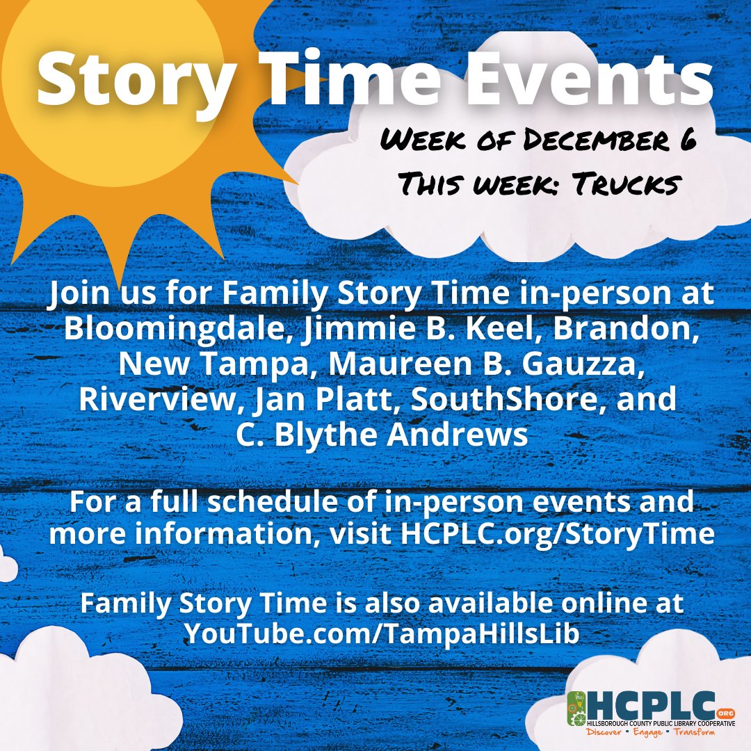 TampaHillsLib's tweet photo. Join us for Family Story Time in-person at select library branches.

For more information or to view our full calendar of events, visit https://t.co/JERAOD1DCP

To view our past events, visit https://t.co/Mqwr7XI4DJ https://t.co/CLCkGGqVli