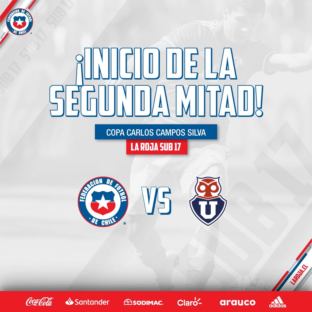 LaRoja's tweet photo. 🏟 ¡Inicia la segunda etapa!
💪 CHI 🇨🇱 2-0 UCH 🔵🔴
📍 Definición del tercer lugar de la #CopaSub17 Carlos Campos Silva 🏆
📲💻 EN VIVO: https://t.co/PgF1GsmdvK
#VamosLaRoja #VamosChile https://t.co/kX9z3YKfQo