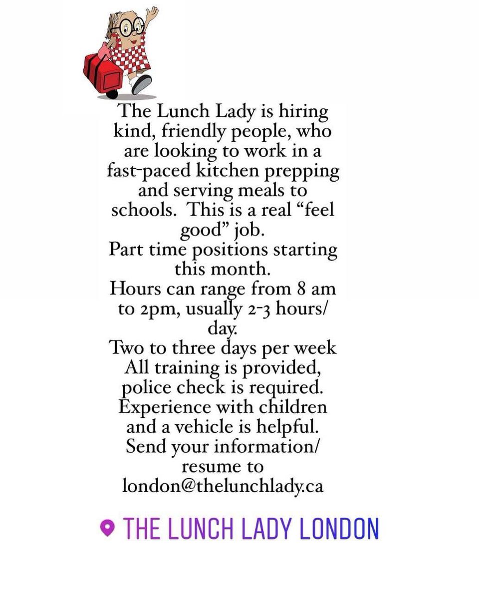 Sheela_G25's tweet photo. #jobopportunity email london@thelunchlady.ca #smallbusiness #londonontario #londonlocal #prepareandserve #schoollunch #fastpaced #fun #caring #teamplayer #applynow https://t.co/tY4RWVDa3L