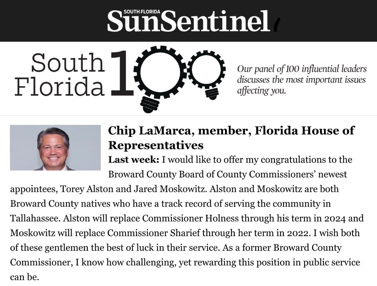 ChipLaMarca's tweet photo. I’d like to offer my congratulations to the @BrowardCounty Board of Commissioners' new appointees, Torey Alston &amp; Jared Moskowitz. I wish both the best of luck in their service. As a former Commissioner I know how challenging, yet rewarding this position in public service can be. https://t.co/6WlcXBHUqC