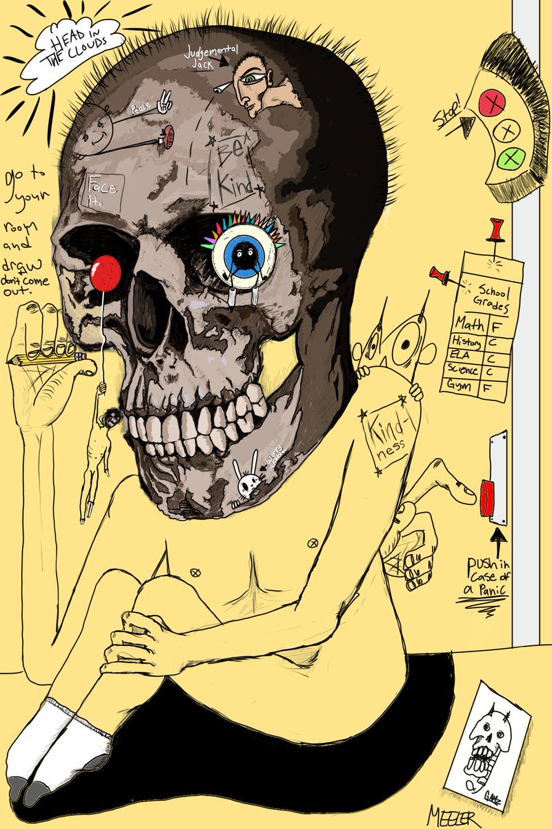 Gavinmeeler's tweet photo. The next piece in Gavin's World 💀 

It's skull head time!!!

"Push in case of a panic" 

This piece will be available December 8th on @opensea https://t.co/4k3oD7lp8y