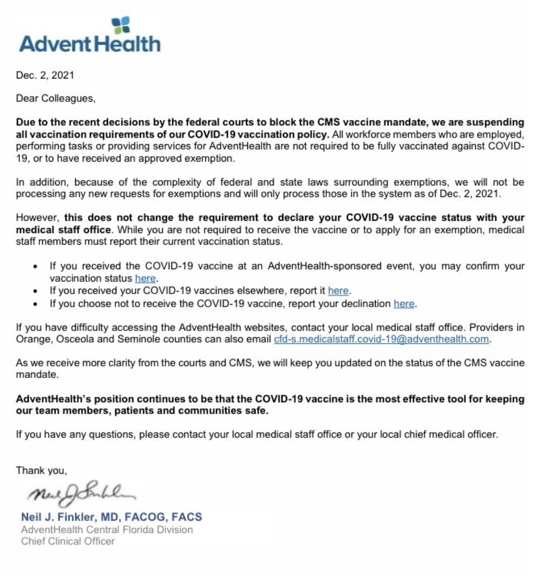￼BREAKING:  One of Florida’s biggest hospital systems has ended all vaccine mandates

Advent Health will no longer require its 83,000 employees to be vaccinated against Covid.