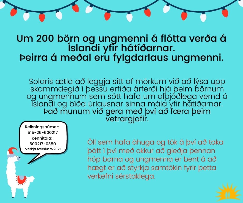 semaerla's tweet photo. Það er orðið að hefð hjá okkur í Solaris að gefa börnum og ungmennum á flótta vetrargjafir í desember. Í ár er um helmingi fleiri börn og ungmenni að ræða en síðustu ár. Áhugasöm geta tekið þátt í þessu mikilvæga verkefni með okkur!🤍🕊 https://t.co/JyoEukBERT